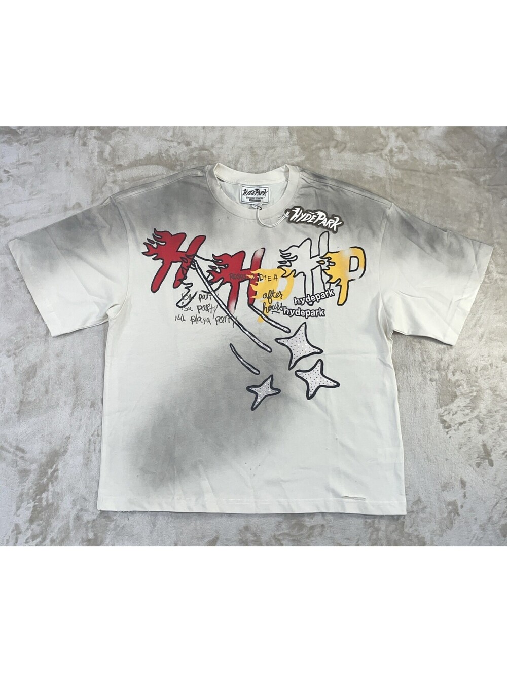 NEW Hyde Park HP Star Cream Oversized Graphic Streetwear Distressed Tee Mens M